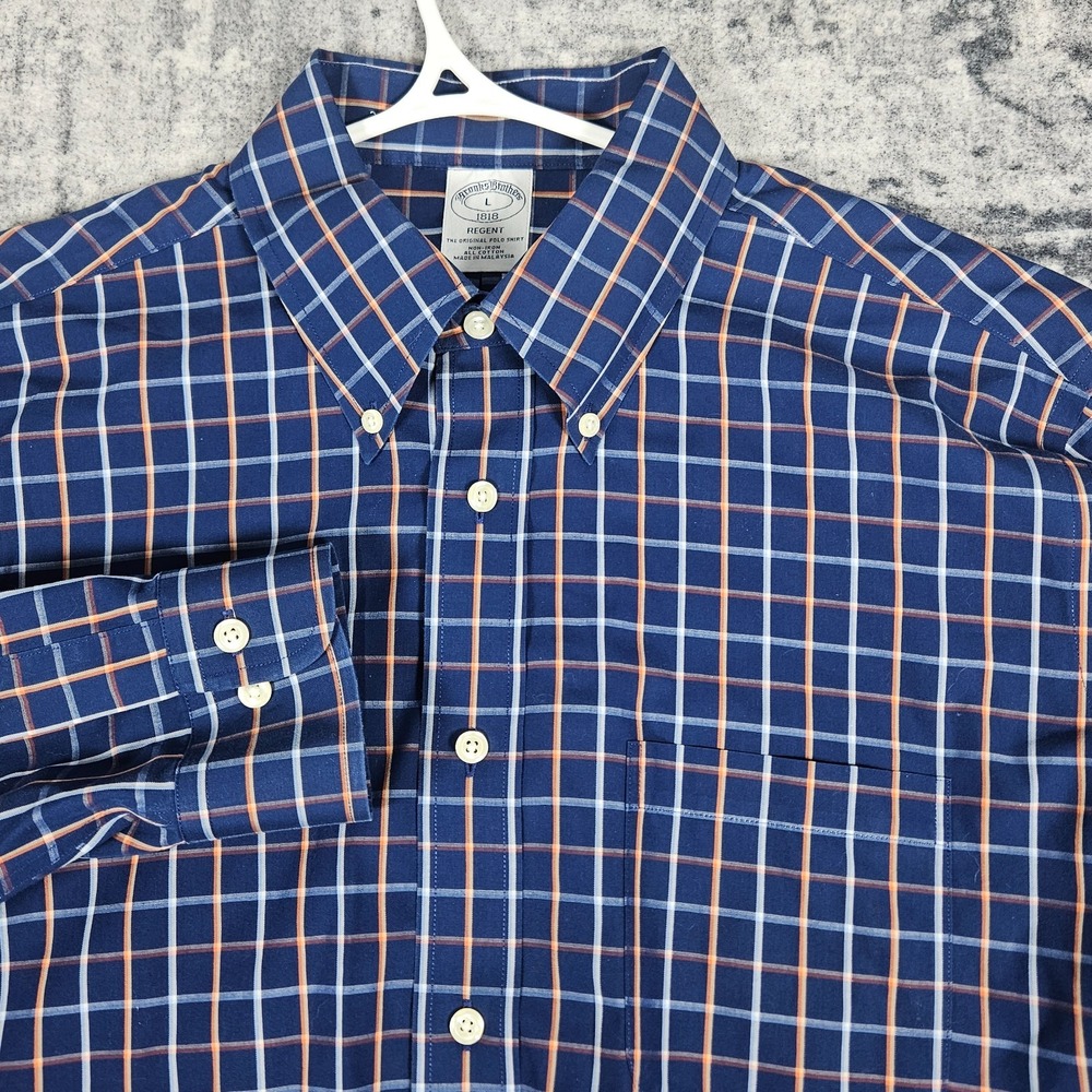 Brooks Brothers Regent Shirt Mens L Blue Plaid Cotton Non-Iron Button Down Check
